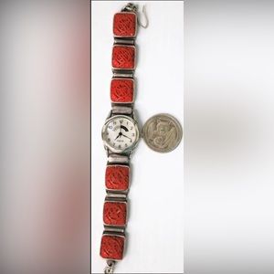 Vntg Etched Cinnabar Marianna Richard by Sajen Sterling Silver Watch Bracelet